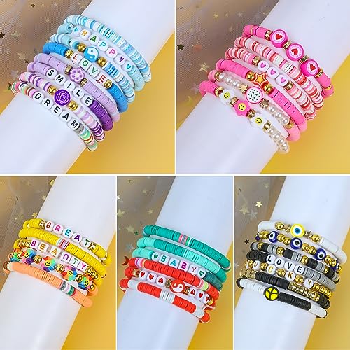 LUYI 32 Pcs Preppy Jewelry Bracelets for Women Clay Bead Colorful Surfer Heishi Bracelet Set Stackable Beaded Friendship Stretch Bracelets Boho Y2K Summer Beach Elastic Layering Bracelets - style: 32PCS-Bracelets