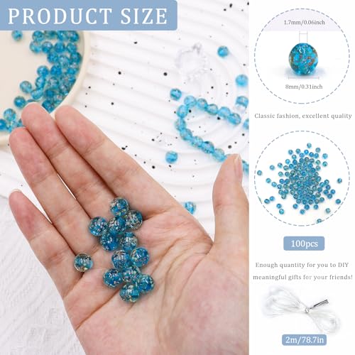 100Pcs Luminous Glass Beads Sky Blue 8mm Round Beads Glow Crystal Loose Beads with Rope for DIY Craft Bracelet Jewelry - color: Sky Blue