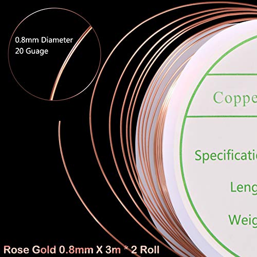 MIKIMIQI 2 Pack Jewelry Wire - 20 Gauge Tarnish Resistant Copper Beading Wire for Jewelry Making, 0.8mm X 3m Each (Rose Gold) - color: Rose Gold