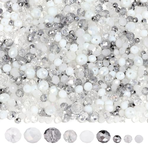 900PCS 4/6/8 mm Assorted Faceted Crystal Glass Beads Set with Fixed Quantity for Each Color for Bracelets Necklaces Earrings Cell Phone Chains Women Jewelry Making,White - color: White