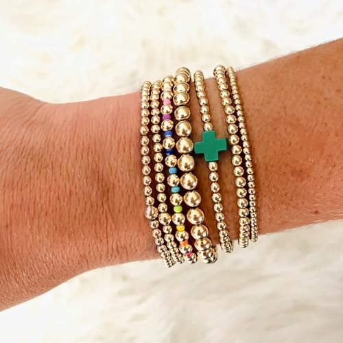 14K Gold Beaded Cross Beaded Bracelet Stack Set for Women,7PCS Bohemian Colorful Beads Ball Stretch Stackable Bracelets Trendy Holiday Birthday Gift - color: Dark Green