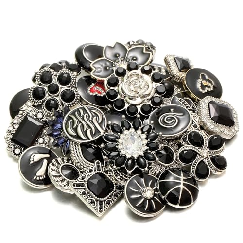 10PCs Mixed Style Rhinestones Snaps Jewelry Charms Buttons 18/20mm for Interchangeable Snaps Jewelry Making Women DIY Button Bracelets Necklaces Rings Brooch Accessories (Black) - color: Black