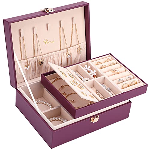 Voova Jewelry Box Organizer for Women Girls, 2 Layer Large Men Jewelry Storage Case, PU Leather Display Jewellery Holder with Removable Tray for Necklace Earrings Rings Bracelets, Vintage Gift, Purple - color: Purple