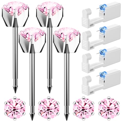 Nunpag 12 Pcs Ear Piercing Kit Disposable Ear Piercing Gun Kit with 4 Pcs 6 Prong Setting Cubic Zirconia Earrings Stud 316L Stainless Steel Easy to Use at Home Self Ear Piercer Gun Kit Tool, Silver - color: Silver-Pink