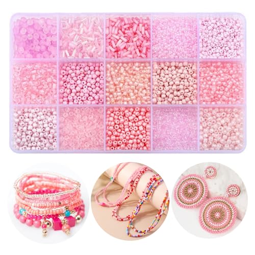 15 Color 4mm Small Assorted Glass Seed Beads,3mm Bugle Beads Friendship Bracelet Kit,2mm Tiny Tube Bead for Jewelry Making(Pink)