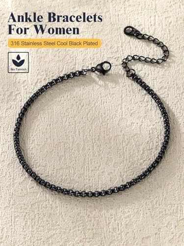 U7 Women Girls Barefoot Jewelry 18K Gold or Rose Gold Stainless Steel Heart/Rope/Figaro/Cuban Chain Anklet Foot Bracelet, 25-30 CM Long - color: Black-3mm-Box Chain
