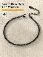 U7 Women Girls Barefoot Jewelry 18K Gold or Rose Gold Stainless Steel Heart/Rope/Figaro/Cuban Chain Anklet Foot Bracelet, 25-30 CM Long - color: Black-3mm-Box Chain