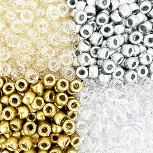 MIIIM 1000PCS 6x9mm Golden and Silver Pony Beads Bulk, 4 Styles Golden Silver and Glitter Kandi Beads for Bracelets Making Kit, Hair Braids Crafts for Jewelry Making (Golden and Silver) - color: Golden and Silver