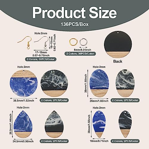 FASHEWELRY 16Pcs Teardrop Round Resin Wood Earring Charms Black Blue Wooden Blanks Geometry Findings for Jewelry Making, DIY-TA0004-37-Biyun - color: Black & Blue-Teardrop & Round