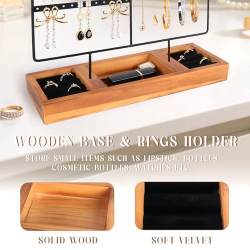 Jewelry Holder Organizer Stand, 4 Tier Earring Organizer with 84 Holes Ear Stud, Jewelry Display with Earring Necklace Bracelet Holder, Jewelry Organizer Holder with Wood Basic stand (Black+Brown) - color: Black+Brown