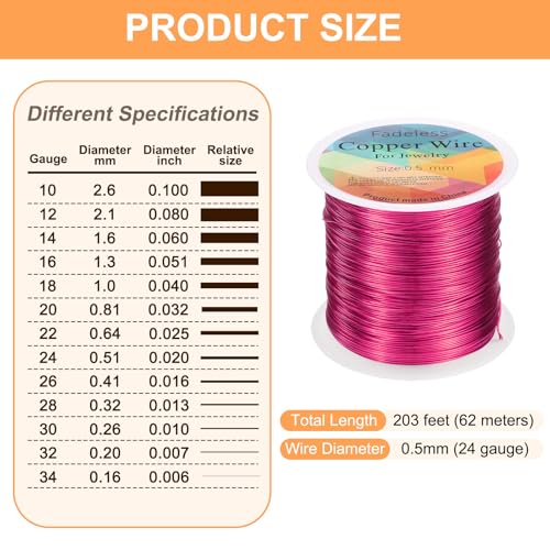 HARFINGTON Wire 203ft Length 24 Gauge Copper Craft Jewelry Wrapping Wire Tarnish Resistant Beading for Jewelry Making Supplies Crafting, Rose Red - color: Rose Red