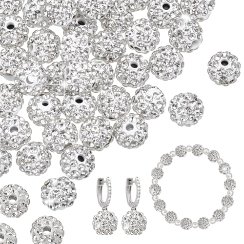 PH PandaHall About 50pcs 8mm White Rhinestone Beads White Clay Beads Polymer Crystal Bead Clay Pave Disco Ball Round Diamond Clays Bead for Necklace Bracelet Jewelry Making Party Decoration - color: Clear