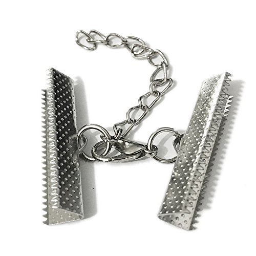 10 Set Ribbon Clamp Crimp Ends Beads Pinch with Lobster Claw Swivel Clasps Extension Chain Jump Rings Cords End Caps String Flat Leather Clip Foldover Necklace Bracelet Connector (Rhodium Crimp 30mm) - color: Rhodium Crimp 30mm