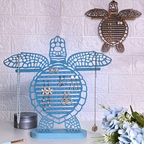 Tnstbiee Turtle Earring Holder Organizer Natural Wood Jewelry Stand for Women and Girls Wall Mount Display for Earrings Necklaces and Accessories 12 * 11 * 0.9in Versatile Design Ideas decoration - color: Blue