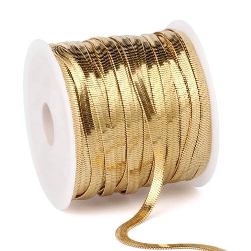 33 Feet Gold Snake Chains Roll, 3mm 18K Gold PVD Plated 304 Stainless Steel Flat Snake Chain Bulk Spool for Jewelry Making DIY Craft - color: 3.0mm Gold Flat Snake Chains