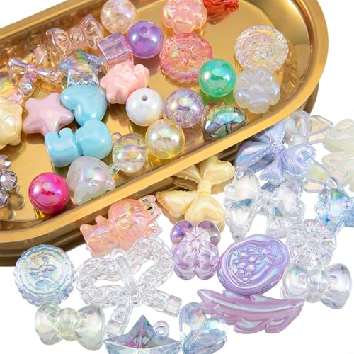 90-120PCS Large Acrylic Colorful Glitter Assorted Beads for Bracelet Making UV Plating Focal Beads for Pens Round Flower Bow Bear Heart Candy Cute Bead for DIY Jewelry Necklace Keychains Phone Charm - color: Colorful