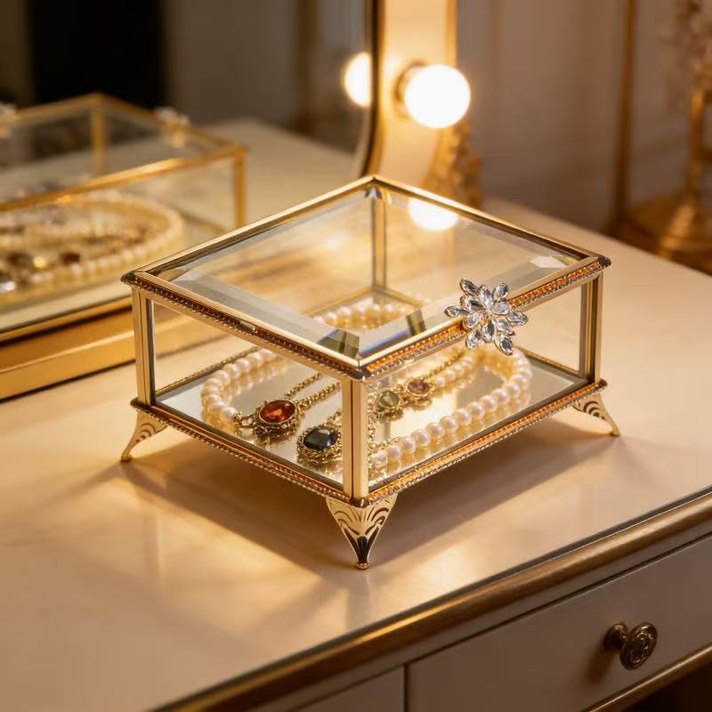 Glass Vintage Jewelry Box Keepsake storage Trinket Ring Display Box Home Decor Beveled Clear Glass Box Organizer(4.3x4.3x3.5Inches) - color: Antique Gold