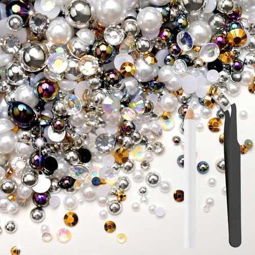 80g Mix Flatback Pearls and Rhinestones for Crafts Black White Mixed Size 2mm-10mm Half Round Pearls Rhinestones for Nail Art Tumblers Shoes DIY Bedazzling with Tweezers Wax Pen - color: Black White