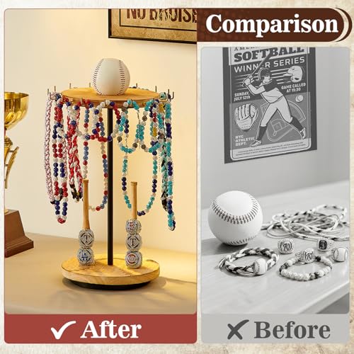 Pinzoveco Baseball Drip Necklace Organizer Holder,Rotating Baseball Display Stand with 14 Hooks, Championship Ring Display Holder, 360° Drip Necklace Championship Ring Holder Baseball Gifts,Brown - color: Brown