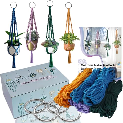 Ewparts Macrame Plant Hanger Kit with Instruction Book Tutorials Metal Rings 4mm Macrame Cord Green/Purple/Orange/Blue Pre-Cutted for Making 4 Macrame Plant Hangers Macrame Kit for Adults Beginners - color: Macrame Plant Hanger Kit