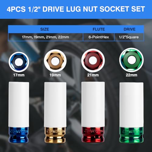 1/2" Drive Wheel Protector Impact Socket, Non-Marring Lug Nut Thin Wall Deep Socket Set, CR-MO, 6 Point, Color-Coded Protective Socket | Metric 17 19 21 22 mm (4 PCS) - size: 1/2" Color Impact Sockets 4pcs