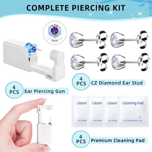 Nunpag 12 Pcs Ear Piercing Kit Disposable Ear Piercing Gun Kit with 4 Pcs 6 Prong Setting Cubic Zirconia Earrings Stud 316L Stainless Steel Easy to Use at Home Self Ear Piercer Gun Kit Tool, Silver - color: Silver-Rainbow