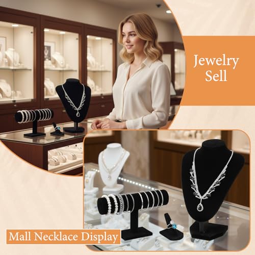 4 Pcs Velvet Jewelry Display Set Velvet Necklace Bust Holder Bracelet Organizer Ring Finger Jewelry Holder Organizer for Vendors Selling Trade Show Retail Home Decor (Black)