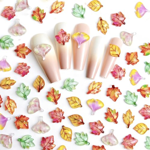 100 Pcs Fall Nail Art Charms Multi Shape Resin Maple Leaves Nail Charms 3D Flat Back Autumn Maple Leaf Ginkgo Leaf Design Nail Art Rhinestones Jewelry for DIY Thanksgiving Nail Decoration - color: Maple Leaves