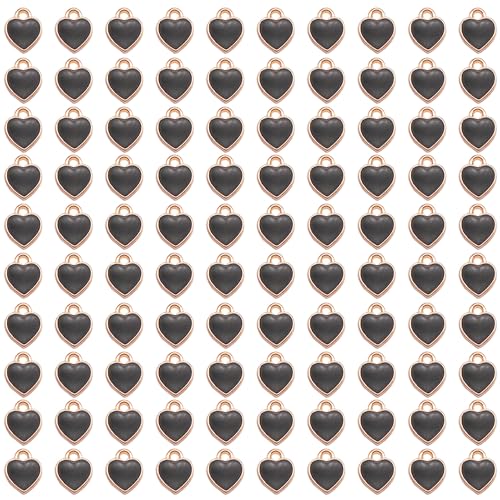 200 pcs Tiny Heart Enamel Charm Gold Plated Alloy Love Pendant Bracelet Earring Keychain Jewelry Crafts 6x8mm - color: Black