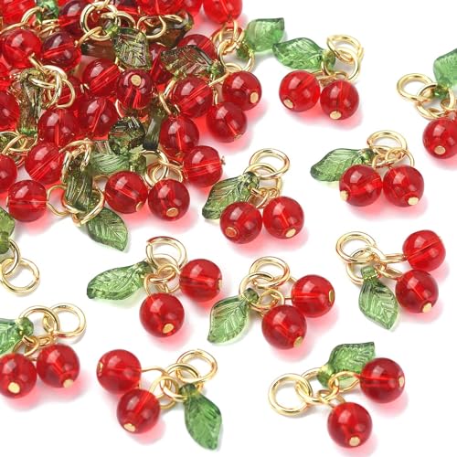 Ipotkitt 30 Pcs Red Cherry Charms Glass & Acrylic Beaded Charms Mini Cute Fruit Bead Charms for Earrings Bracelets Necklaces Jewelry Making DIY Crafts - color: 30pcs-Cherry Charms-10x15x6mm