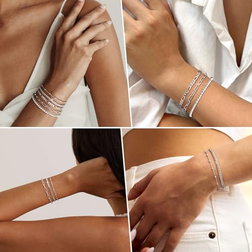 adoyi Gold Bracelets for Women, 14K Gold Plated Stackable Bracelet Stack Set Adjustable Charm Paperclip Chain Cuban Link Layered Waterproof Jewelry Sets Gifts for Womens - color: Silver 6.8 IN General Wrist