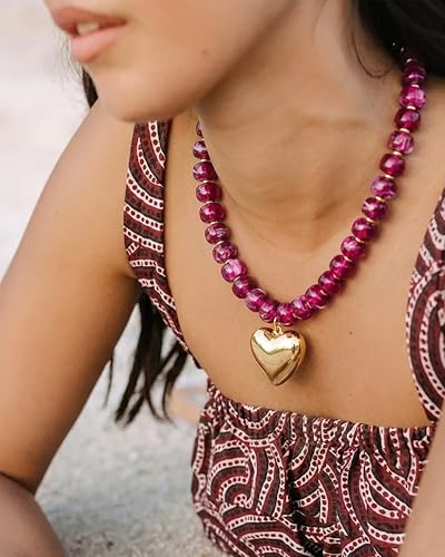 Gold Heart Pendant Necklaces for Women Colorful Acrylic Resin Beaded Choker Necklace Fashion Chunky Statement Beaded Heart Necklace - color: Purple