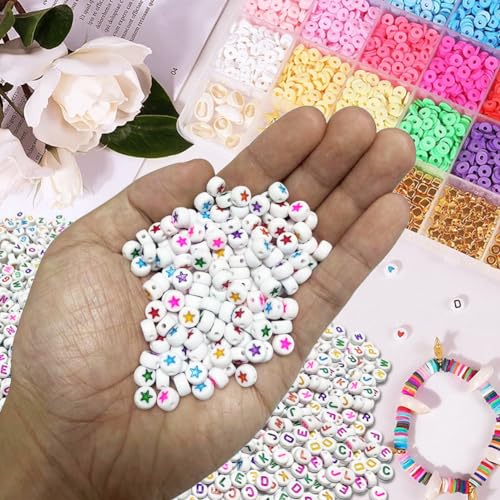 500PCS 4x7mm Acrylic Star Beads for Friendship Bracelets Jewelry Making, White Round Flat Acrylic with Colourful Pentastar Beads for DIY Crafts Bracelets Necklaces Key Chains Phone Lanyard - color: Five-pointed star(colourful on white)