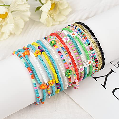 XIJIN 18 Pieces Elastic Beaded Anklets for Women Handmade Beach Boho Colorful Beads Ankle Bracelets Set - color: Colorful d