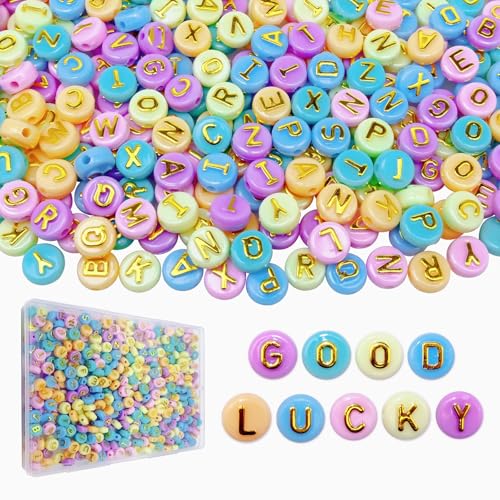 Amaney 500pcs Big Letter Beads Colorful Macaroon10x6mm Gold Letter Round Flat Beads for DIY Bracelet Making - color: BigMacaroon