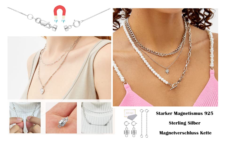 925 Sterling Silver Magnetic Jewelry Clasps Magnetic Necklace Clasps and Closures Sterling Silver Bracelet Necklace Extender - color: D-White Gold