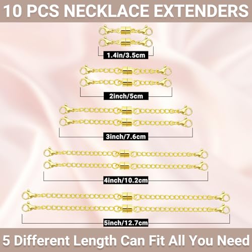OHINGLT Necklace Extender Magnetic Clasps Chain Extenders for Necklaces,Gold and Silver Magnetic Necklace Clasps and Closures with Bracelet Extension - color: 10Pcs Gold