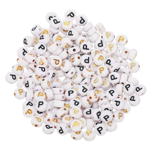 HARFINGTON 200 Pcs 4x7mm Acrylic Letter Beads, Round White Alphabet Beads Letter P, Alphabet Spacer Beads for Jewelry Making Bracelets Necklaces - style: Letter P