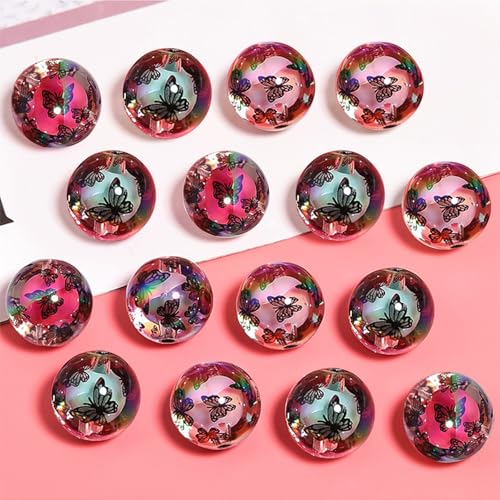 15Pcs Acrylic Beads Round 16mm UV Bead in Bead with Butterfly Print Fit for DIY Jewelry Bracelet Necklace Keychain Beadable Pens Mobile Phone Chain Making Cute (Butterfly-Black) - color: Butterfly-Black