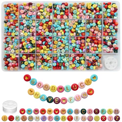 Amaney 1400pcs Letter Beads 4x7mm Gold on Colors Round Acrylic Alphabet A-Z Heart Beads and Crystal Line for Jewelry Making Bracelets Necklaces Key Chains - color: Gold on Colors, size: 7x4mm