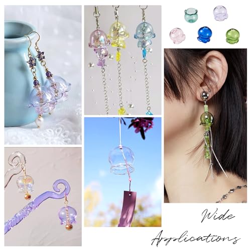 FASHEWELRY 12Pcs Glass Jellyfish Beads Flower Bead Cap 15x16mm Clear Wind Bell Flower Beads 6 Colors Glass Fishing Bead for Wind Chimes Craft Tassel Jewelry Making Keychain Ornament - color: Bell Flower Beads, 15x16mm