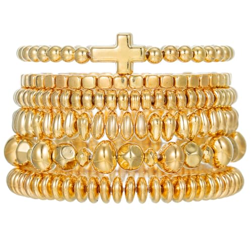 5Pcs Gold Bead Bracelets Set for Women,14K Gold Plated Stackable Bead Ball Bracelets Set,Adjustable Chunky Bangles Bracelets,Boho Stretch Bead Ball Bracelet for Women - color: 6Gold4