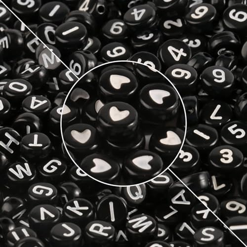 1000pcs Black Mixed Round Acrylic Beads 4x7mm White Alphabet Number Heart Shape Bead for Jewelry Making and DIY Bracelets - color: Black/White Letter&Number&Heart, size: 4x7mm