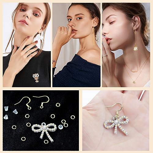 200 PCS/100 Pairs 14K Gold Tone Earring Hooks Hypoallergenic 925 Sterling Silver Plated Ear Wires Fish Hooks with 100 PCS Silicone Ear Backs and Jump Rings Earring Finding for DIY Jewelry Making - color: 14K Gold