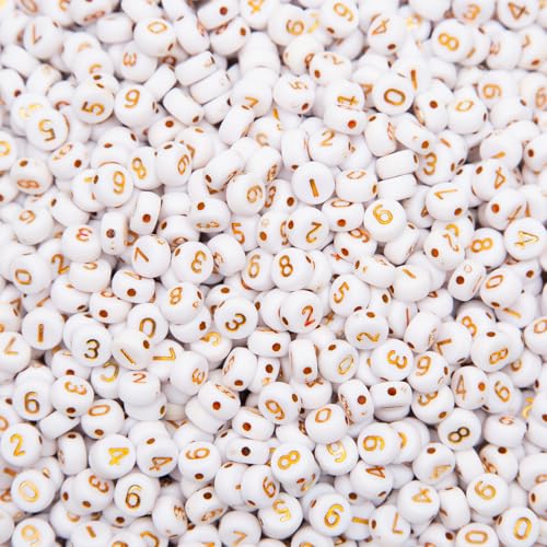 1000Pcs Acrylic Number Beads Round Number Round Beads 4x7mm Mixed Number Beads, for Jewelry Bracelets Necklaces Key Chains Making (White-Gold) - color: White-Gold