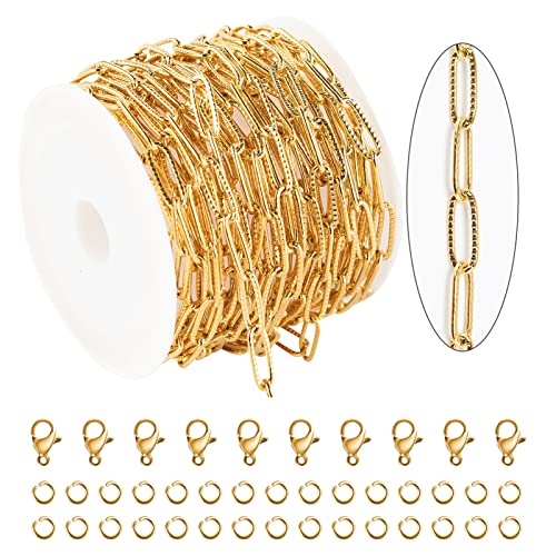 KYUNHOO 5M Gold Plated Stainless Steel Chain for Jewelry Making 4mm Wide Embossed Oval Paperclip Chain Bulk Soldered Jewelry Chain Spool with Lobster Clasps and Jump Rings for DIY Crafts - color: Embossed Paperclip Gold