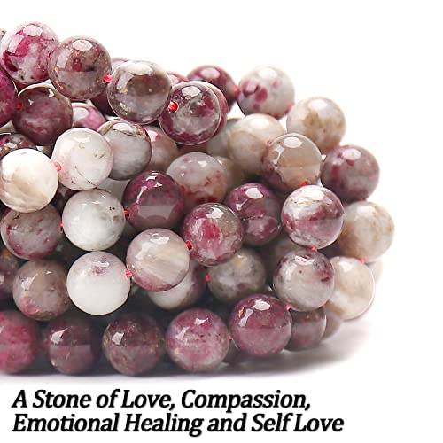 70PCS Natural 8MM Healing Gemstone, Plum Blossom Tourmaline Energy Stone Round Loose Beads, Semi-Precious Crystal Beads with Free Elastic String for Jewelry Making DIY - color: Plum Blossom Tourmaline