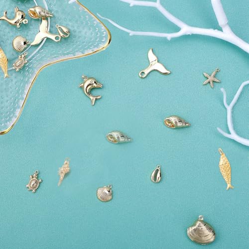 SUNNYCLUE 1 Box 10 Styles Real 18K Gold Plated Ocean Theme Charms Sea Animal Charms Shell Starfish Dolphin Fish Tortoise Dangles Bulk for DIY Earring Necklace Bracelet Jewelry Making - color: 18k Gold Plated 20pcs Charms