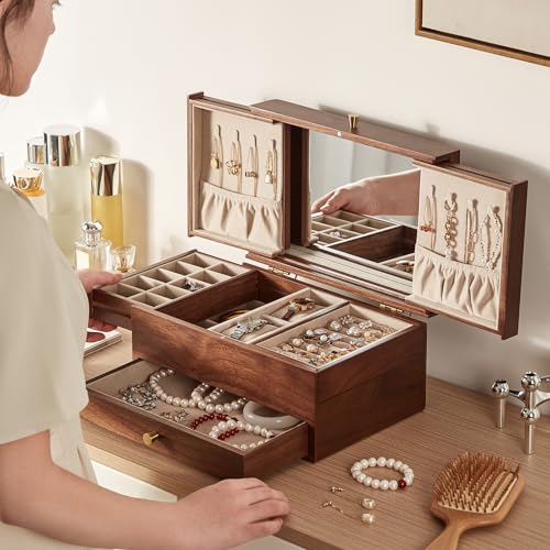 CHOSIN Black Walnut Wooden Jewelry Box for Women, 3 Level Multi-functional Drawer Organizer Box Watch Necklace Ring Earring Storage Mothers Day Gifts for Mom - style: With Mirror1