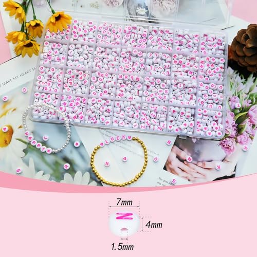 Looconi 1400pcs Pink Letter Beads 4x7mm White Round Acrylic Alphabet A-Z Heart Star Beads for Jewelry Making Bracelets Necklaces Key Chain - color: Pink